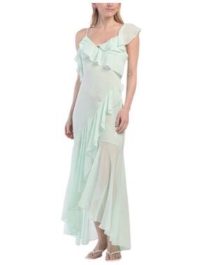 En Saison Mint Ruffle Midi Dress Sheer with Flounce Hem and Off Shoulder Sz L